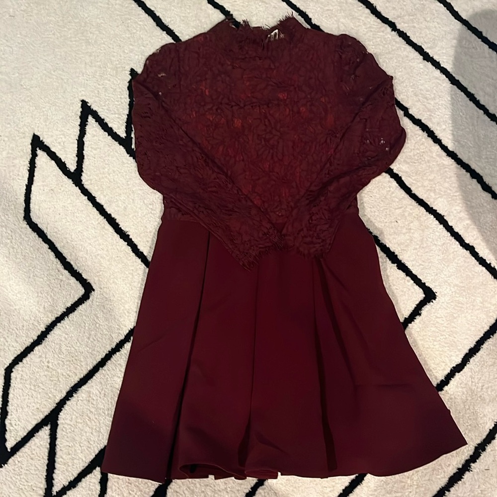 Maroon Dress with Lace and Pleated Skirt.